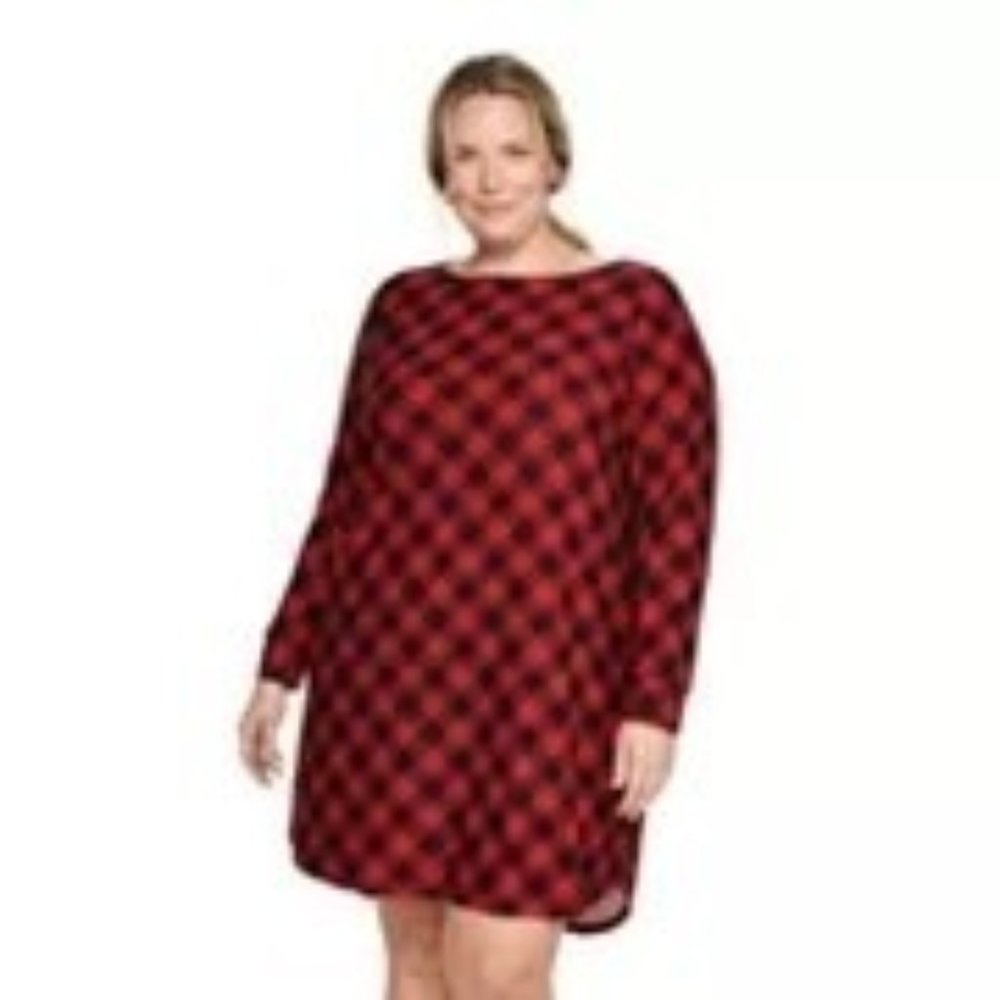 Croft & Barrow RED BUFFALO CHECK Nightgown Nightshirt Sleep Gown Long Sleeve 2XL